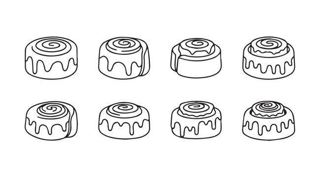 Collection of eight delicious cinnamon roll silhouettes with icing drizzle