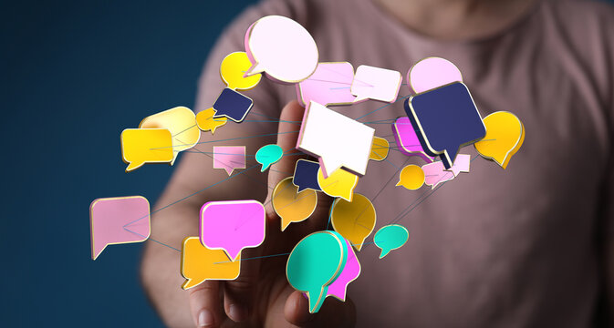 Concept of communication through digital means. Person interacting with floating chat bubbles. Social media, ne