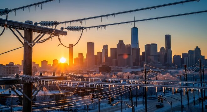 Icy power lines with city skyline at sunrise. Winter urban landscape with frozen infrastructure. Cold weather energy and city life.