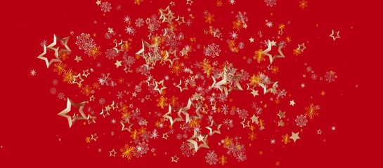 A vibrant red background is adorned with golden stars and snowflakes, perfect for holiday-themed...