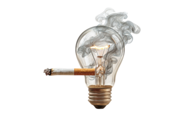Surreal lightbulb with cigarette representing bad addiction and smoke around