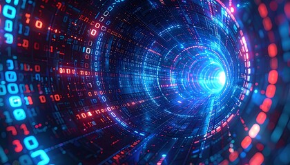 Abstract digital tunnel with binary code in blue & red leading to bright light at the end