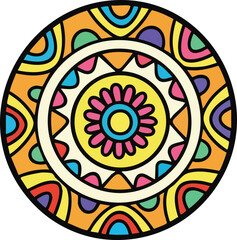 Colorful Geometric Mandala Design With Floral Center And Orange Yellow Blue Pink Red Accents