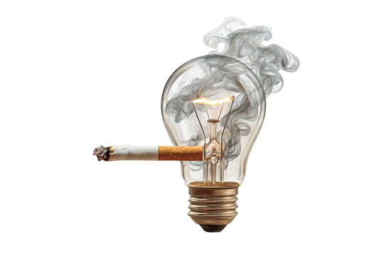 Surreal lightbulb with cigarette representing bad addiction and smoke around
