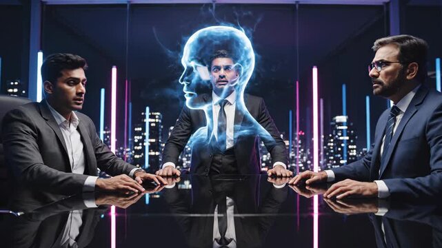 Two businessmen are engaging in a high-stakes negotiation with a glowing blue humanoid ai hologram representing a powerful corporate entity during a late-night boardroom meeting