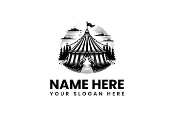 Retro big top circus tent in a pine forest circle, vintage festival amusement park vector logo illustration