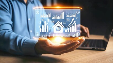 A businessman presents a transparent screen displaying real estate market data and financial growth charts