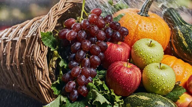 Water showering a vibrant cornucopia of freshly harvested fruits and vegetables, including grapes, apples, pumpkins, and gourds, representing abundance and healthy eating