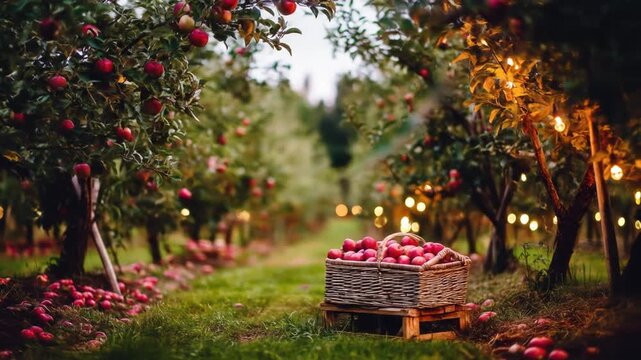 Scenic image of an orchard in the autumn, with red apples on the trees and ground, a basket