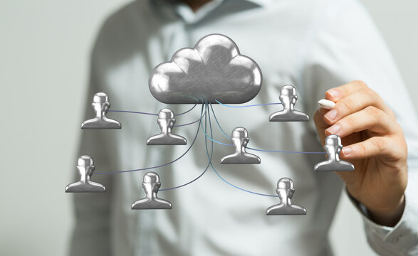 Cloud computing concept illustrating network, data transfer, collaboration, connection, technology and future.