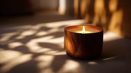Elegantly Glowing Candle in a Refined Wooden Holder Creating a Zen Atmosphere for Mindful Reflection and Self-Soothing