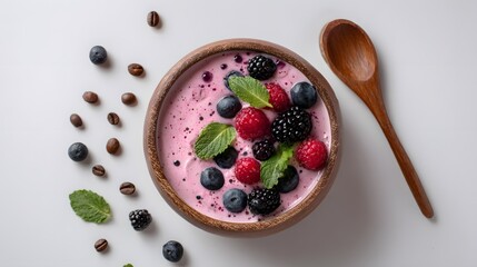 Overhead Detailed View of a Pastel Pink Smoothie Bowl Garnished with Fresh Berries and Mint Accented by Scattered Coffee Beans and a Wooden Spoon