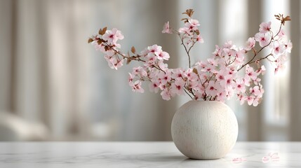 Elegant pink cherry blossom floral arrangement in a round vase enhancing a serene modern interior design