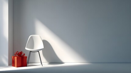 Sleek and Minimal Christmas Composition Displaying a Contemporary White Chair with a Cheerful Red Gift Box, Harmoniously Framed by a Bright Light Wall for a Soothing Festive Ambience