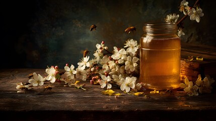 Rustic portrayal of a luminous honey jar with fluttering bees and assorted blossoms artfully arranged on an aged wooden table illuminated by warm daylight