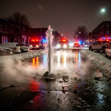 Water geyser from a burst pipe in urban street with emergency vehicles and snow at night. Winter water main break concept.