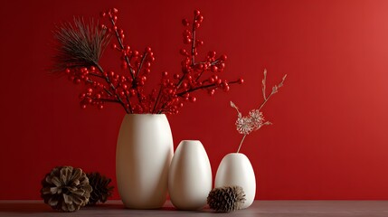 Minimalist Christmas Decor: White Vases, Red Berries, Pinecones, and Ornamental Elegance on a Bold Red Background for a Sophisticated Festive Ambience