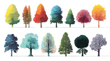 Imaginative Spectrum of Colorful Seasonal Tree Icons in Clean Minimal Vector Illustration Ideal for Scalable Digital Graphics and Modern Design Assets