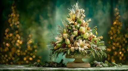 Intricate Christmas Centerpiece with Twinkling Lights, Frosty Embellishments, and Decorative Arrangements on Elevated Podium with Lush Green Backdrop