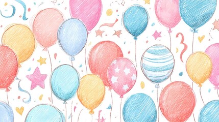 Charming Birthday Celebration Artwork with Playful Handdrawn Crayon and Doodle Patterns Emphasizing Pastel Elements
