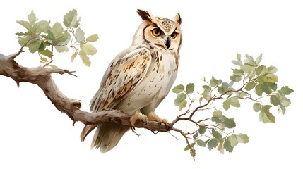Detailed modern vector illustration of a cute owl perched elegantly on a slender tree branch against a clear white backdrop