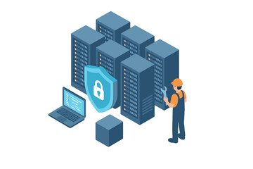 Isometric technician performing server maintenance and data security check