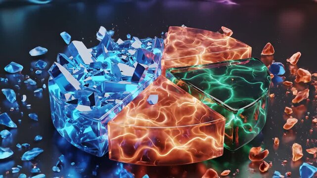 Elemental pie chart with sections representing ice crystals, dynamic fire, and vibrant lightning, illustrating the diverse and powerful forces of nature in an abstract visual