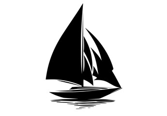 a black and white silhouette of a sailboat with sailsblack, boat, calm, float, illustration, logo, profile, sail, sailboat, sea, vessel, water 