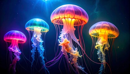 Fototapeta premium Bioluminescent jellyfish floating gracefully in dark blue ocean water with rays of sunlight