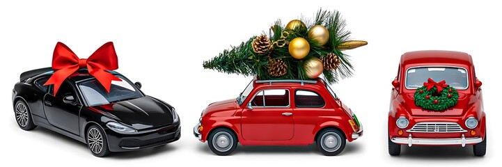 Vintage and modern cars decorated with christmas tree wreath and bow isolated on white background

