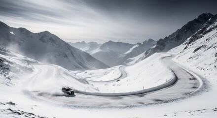 Car driving on a winding snowy mountain road through a dramatic winter landscape. Extreme weather journey and travel concept.