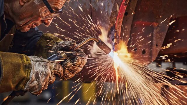 Auto mechanic welding rusted car body with a torch, showering bright sparks as he repairs and restores metal panels in a gritty workshop, focused on precision and safety