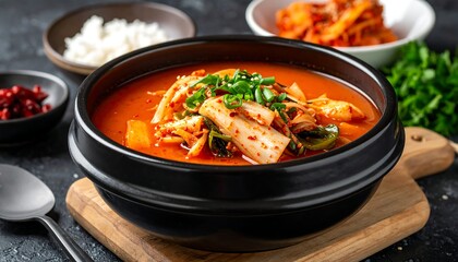 Bowl of kimchi stew on a wooden board, garnished with sliced scallions and served with rice and extra kimchi