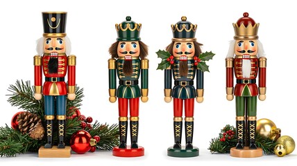 Colorful wooden nutcracker soldiers with christmas ornaments and pine branches on white background
