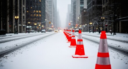 Row of orange traffic cones on a snowy city street during snowfall. Hazard warning on winter road conditions, urban concept.