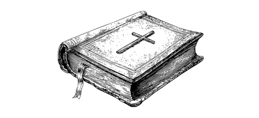 a black and white drawing of an open book with a cross on the coverbible, cross, draw, drawing, illustration, ink, sketch 