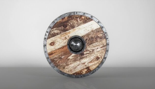 Authentic Viking round wooden shield with metal boss and rivets, powerful historical artifact for defense and combat