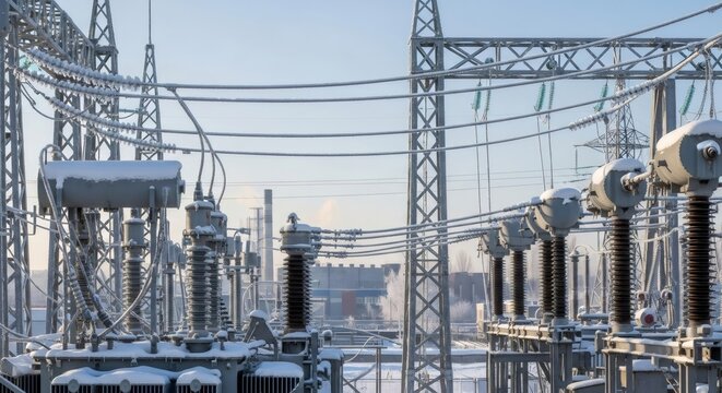 Electrical substation covered in snow and ice during winter. Power grid infrastructure and energy distribution concept in cold weather.