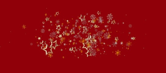 Christmas background with golden stars, snowflakes and fireworks. Holiday design elements on a rich red backdrop. Perfect for greetings and cele