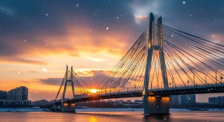 Modern cable-stayed bridge over frozen river at sunset with falling snow. Urban winter landscape at dusk with city architecture.