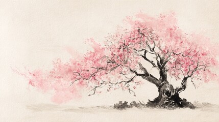 Obraz premium Sumi-e style cherry blossom tree with delicate ink outlines and soft pink brushstrokes artistic scene