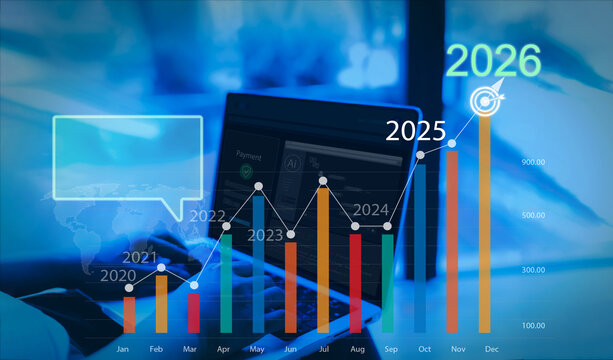 Business growth graph and future trend forecast from 2020 to 2026 with digital data analytics overlay. Concept for financial reports,investment planning,fintech presentations,business strategy visual