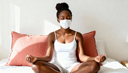 Black woman wearing a face mask meditates in a lotus pose on her bed. Mindfulness and self-care at home during a pandemic or quarantine