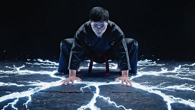 Martial artist concentrating energy into hands, creating powerful impact with glowing light, breaking rocky surface, and splashing water in dramatic display of superhuman strength and force