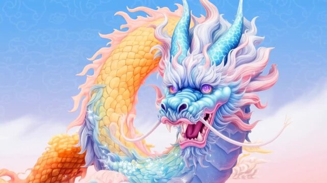 Vibrant side-angle video of a colorful dragon in a fantasy style against a blue sky. Live desktop wallpaper.