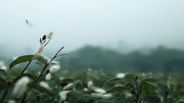 A misty field of plants with fluffy seed pods and leaves, creating a soft and dreamy atmosphere
