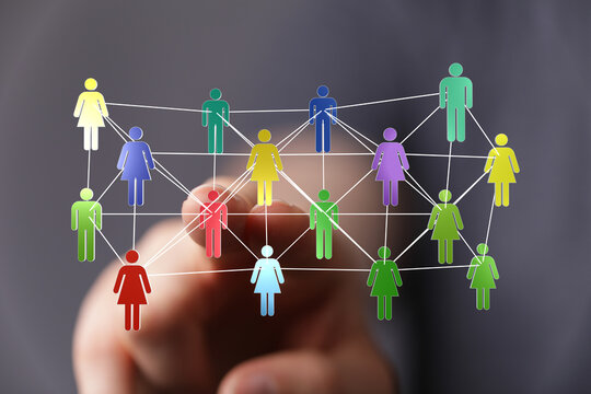 Concept of teamwork and communication in a colorful network of people. Depicting connections, global business,