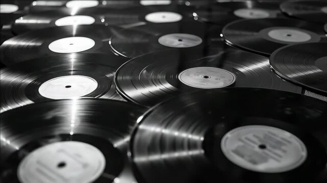 A large pile of vinyl records with their labels facing up.
