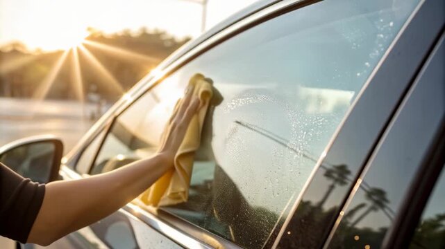 Hand wiping car window with microfiber cloth, sunlight glinting water droplet reflections, gentle cleaning care golden hour with palm trees visible