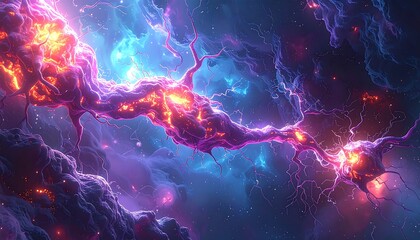 Abstract nebula cloudscape with glowing pink-orange elements against a dark blue backdrop, suggestive of cosmic energy